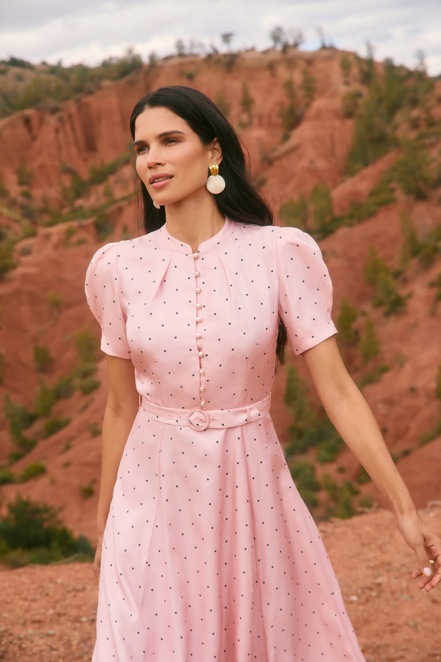 Ahana Pink & Navy Polka Dot Dress - Image 2