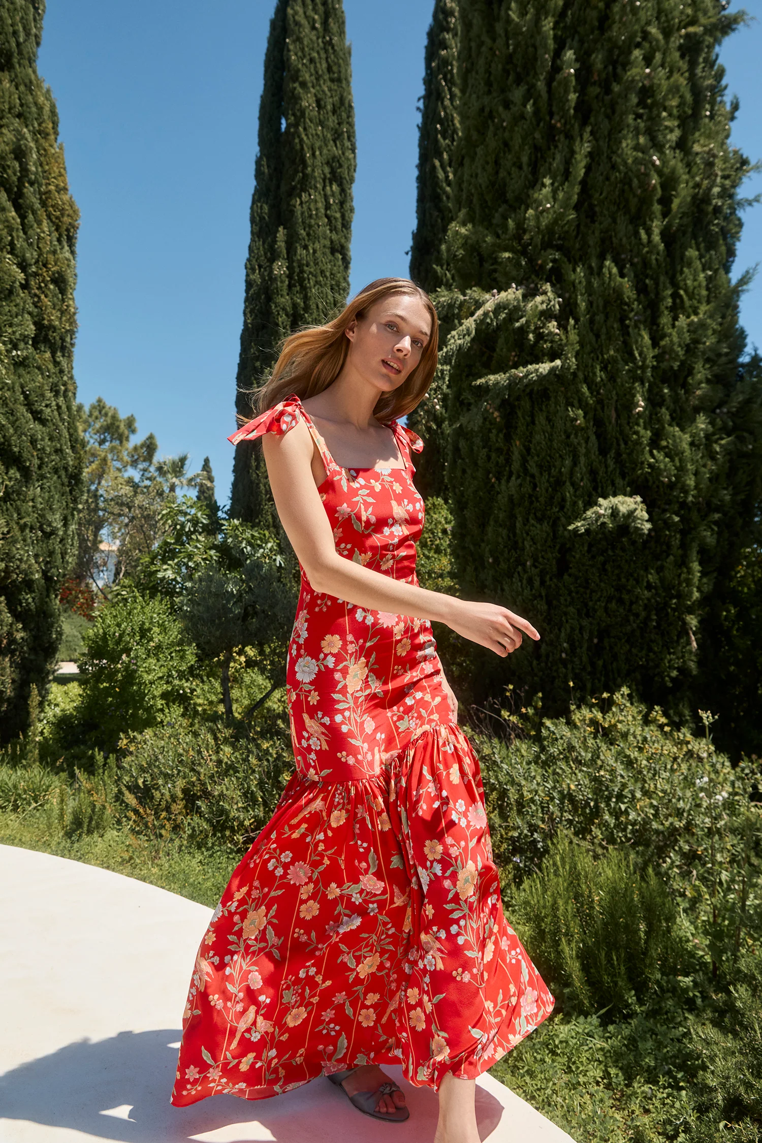 Thea Bamboo & Birds Red Dress - Image 3